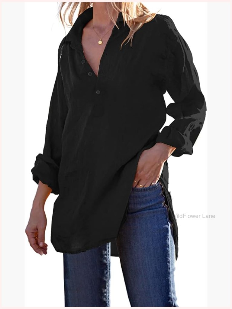 Cotton Linen Button Down Long Sleeve Tunic Blouse Beach Cover Up